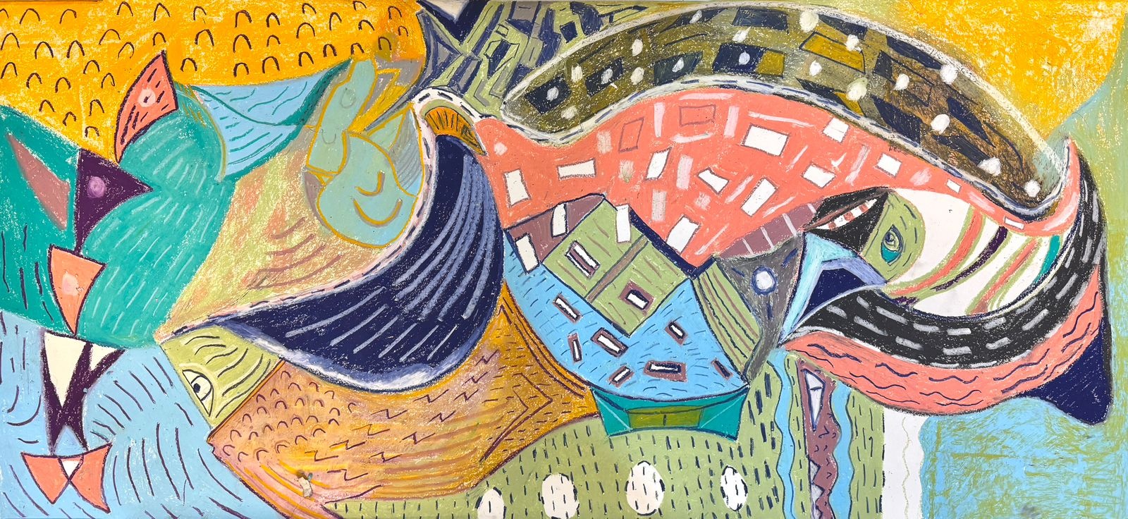 Abstract City Scape, soft pastel on paper, 5 × 2.5 ft, 2026, by Tushaar A M